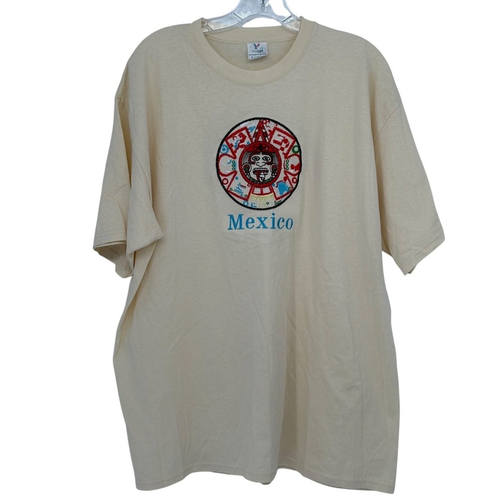 Vintage Yazbek T-Shirt Cream Embroidered Aztec Calendar Mexico 100% Cotton XL